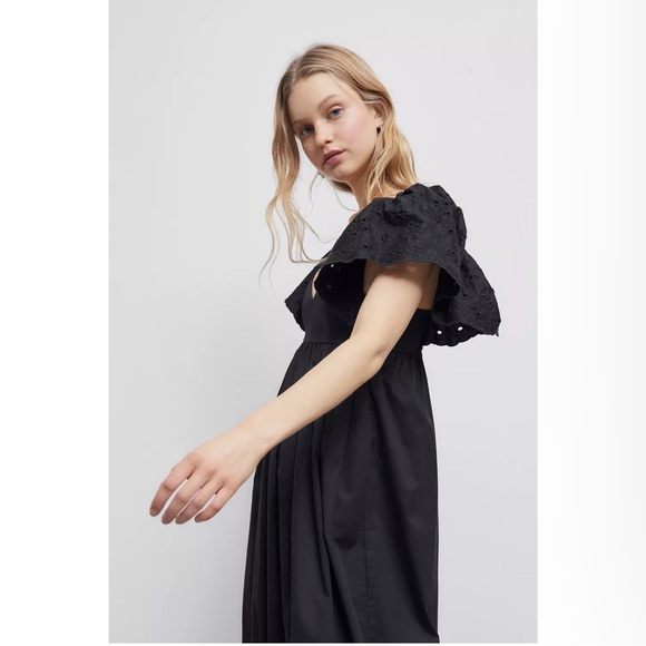 NWT En Saison Eyelet Detail Flutter Sleeve Poplin Maxi Dress Nordstrom Black NWT - Picture 3 of 7